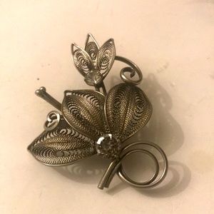 Brooch silver tone vintage filigree Art Nouveau style rhinestone